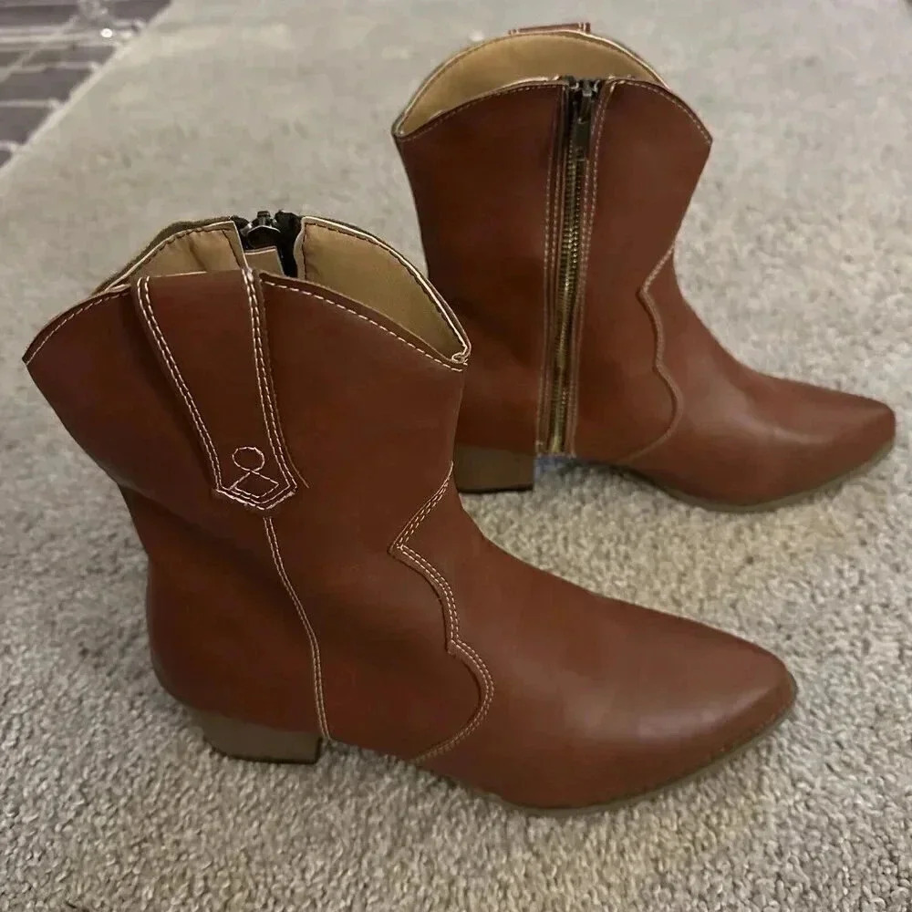 WOMENS COWBOY ALL MAN MADE BROWN POINT TOE BOOTS Sz 6.5 EU37 BOHO CHIC Western